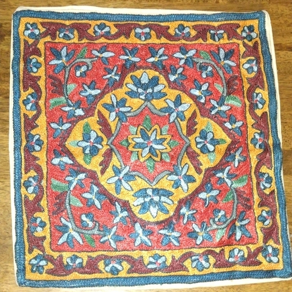 NWOT Hand Embroidered Decorative Pillow Cover. Made in India. 16x16